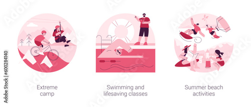 Summer sports and recreation abstract concept vector illustration set. Extreme camp, swimming and lifesaving classes, summer beach activities, adventure park, surfing and diving abstract metaphor.