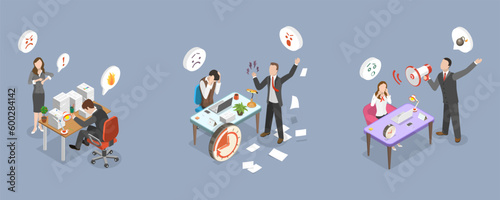 3D Isometric Flat Vector Conceptual Illustration of Bullying Boss, Frustration and Anxiety at Workplace