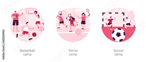 Summer sport camp abstract concept vector illustration set. Basketball, tennis and soccer camp for children, active vacation, kids playing, youth sport program, physical activity abstract metaphor.