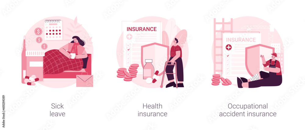 Social insurance abstract concept vector illustration set. Sick leave, health insurance, occupational accident coverage, industrial accident, paid days, medical expenses, healthcare abstract metaphor.