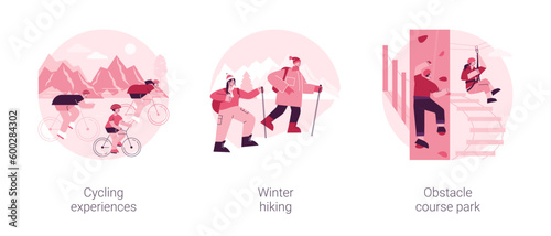 Active lifestyle abstract concept vector illustration set. Cycling experience, winter hiking, obstacle course park, extreme sports, outdoor workout, mountain vacation, city tour abstract metaphor.