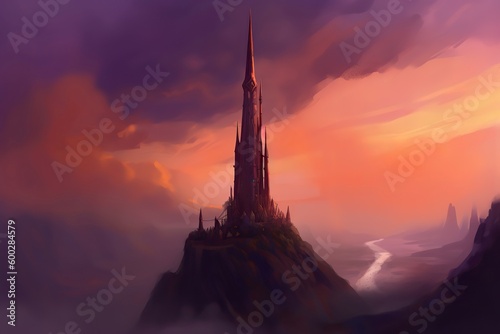 Illustration of A fantastical towering spire reaching up to the clouds, Generative AI