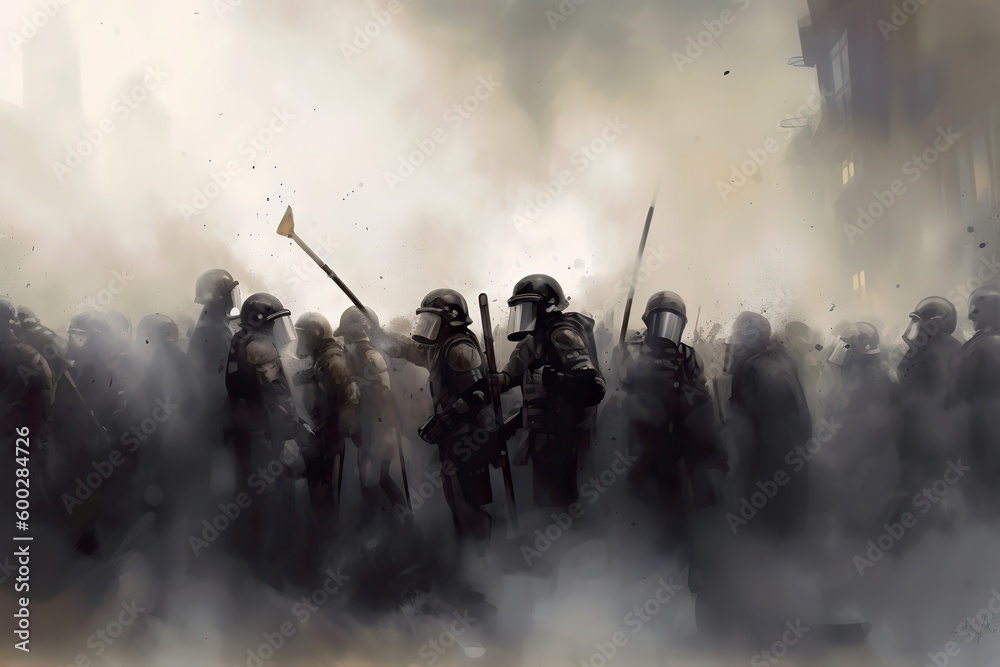 Illustration of A grup of Police in riot gear, Generative AI