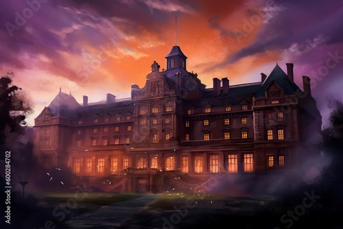 Illustration of A Grand university building with a thick, magical feel
, Generative AI