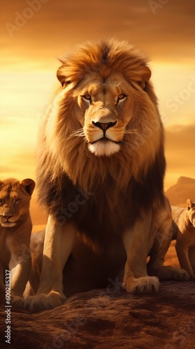 Pride of African Lions Resting Together in the Golden Light of a Sunset. Generative ai