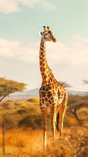 Giraffe Standing Tall in the African Savannah. Generative ai © Scrudje