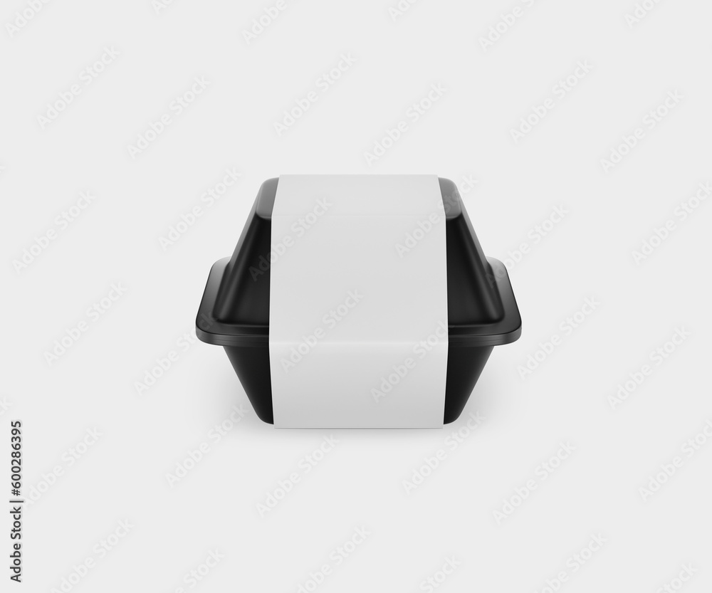 Fototapeta premium Black plastic food containers with transparent lid and white cardboard label. Realistic mockup disposable round and square boxes takeaway, 3D illustration, 3D rendering. 