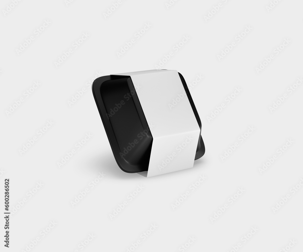 Black plastic food containers with transparent lid and white cardboard label. Realistic mockup disposable round and square boxes takeaway, 3D illustration, 3D rendering. Black plastic food containers with transparent lid and white cardboard label. Realistic mockup disposable round and square boxes takeaway, 3D illustration, 3D rendering.