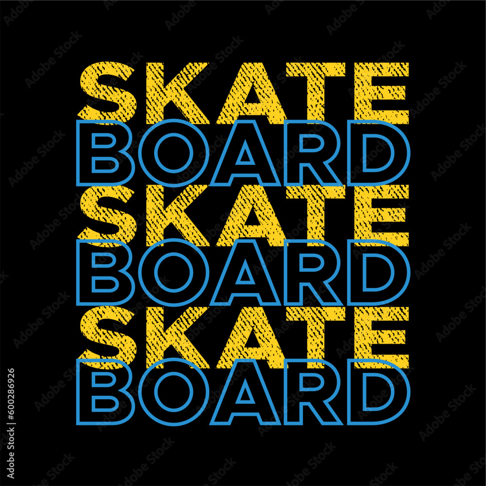 typography design vectors black background with blue and yellow text that says skateboard