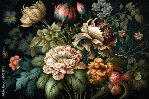 beautiful fantasy vintage wallpaper different botanical flower bunch, vintage motif for floral print digital background, generative AI