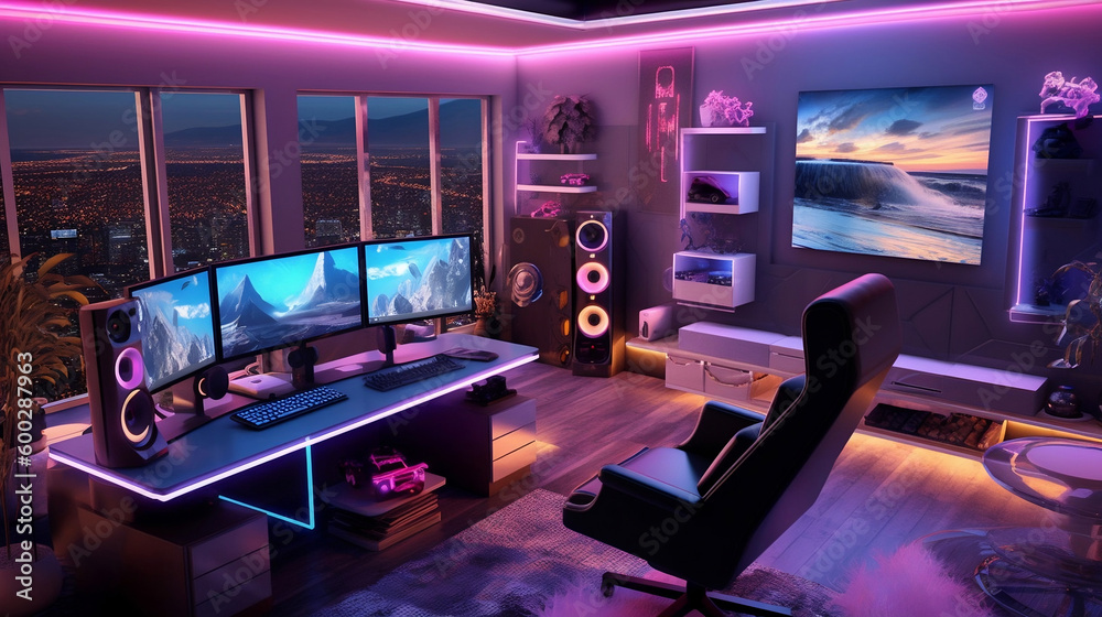 Powerful gaming PC at the center of the setup, surrounded by a sleek