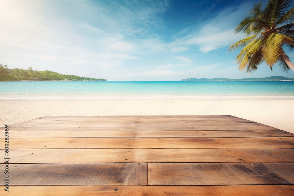 Fototapeta premium Summer Palm Banner: Tropical Paradise Beach Background, Sunlit Wooden Table, Blurred Palms, Nature-Inspired Vacation Design