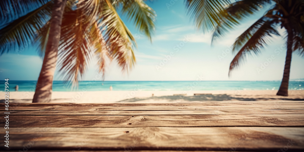 Summer Palm Banner: Tropical Paradise Beach Background, Sunlit Wooden Table, Blurred Palms, Nature-Inspired Vacation Design Summer Palm Banner: Tropical Paradise Beach Background, Sunlit Wooden Table, Blurred Palms, Nature-Inspired Vacation Design