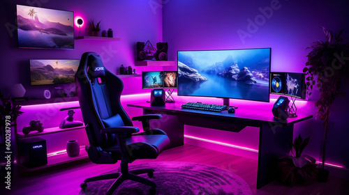 Powerful gaming PC at the center of the setup  surrounded by a sleek desk with a high-resolution monitor  an ergonomic gaming chair  and a set of premium gaming peripherals. Neon lights  Generative AI