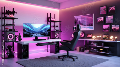 Powerful gaming PC at the center of the setup, surrounded by a sleek desk with a high-resolution monitor, an ergonomic gaming chair, and a set of premium gaming peripherals. Neon lights, Generative AI