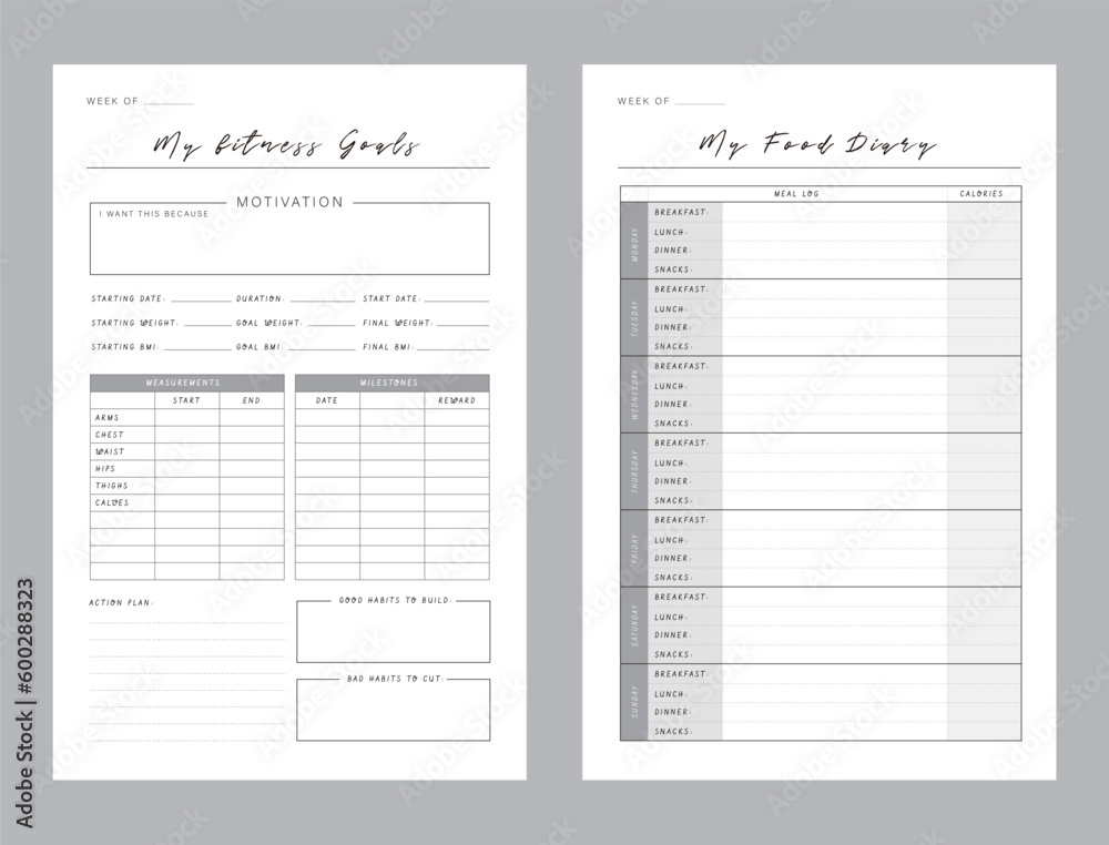 Fitness Planner and Food Diary Planner. Plan you food day easily. Vector illustration. Fitness Planner and Food Diary Planner. Plan you food day easily. Vector illustration.
