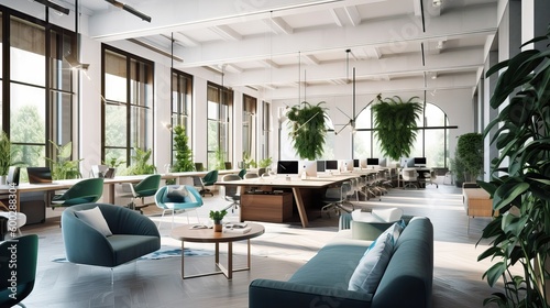 Modern office with comfortable, collaborative spaces designed for teamwork and productivity, generative ai
