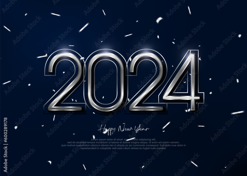 Silver metallic 3d modern new year, 2024 happy new year elegant banner poster.
