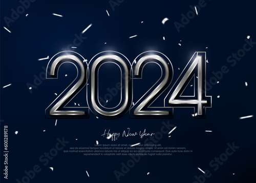 Silver metallic 3d modern new year  2024 happy new year elegant banner poster.