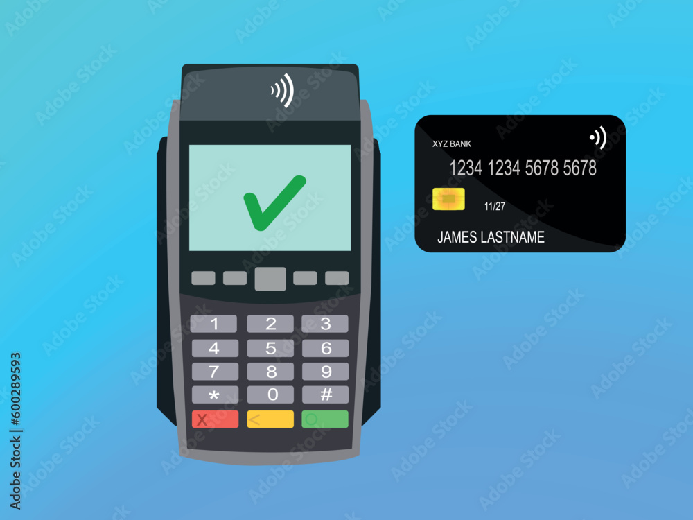 Vector image of credit card machine and credit card. Modern design with high vector quality. Ideal for illustrating electronic payments, mobile transactions, and online shopping. Perfect Vector image of credit card machine and credit card. Modern design with high vector quality. Ideal for illustrating electronic payments, mobile transactions, and online shopping. Perfect