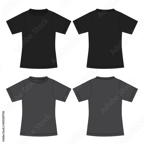 Short sleeve T shirt technical drawing fashion flat sketch vector illustration black and grey color template for women's 