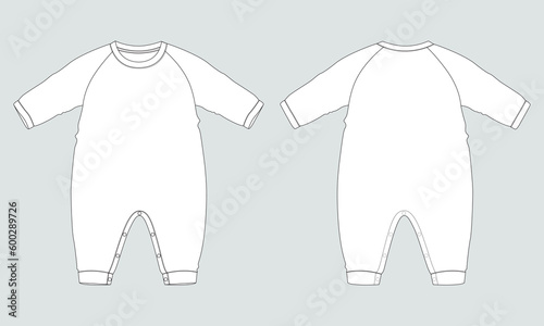 Long sleeve romper bodysuit technical drawing fashion flat sketch vector illustration template for kids.
