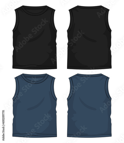Tank tops technical drawing fashion flat sketch vector illustration black and navy blue color template front and back views.