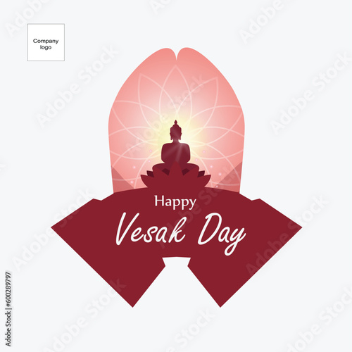 Happy Vesak Day with an illustration of a Buddha statue in a circle of praying hands