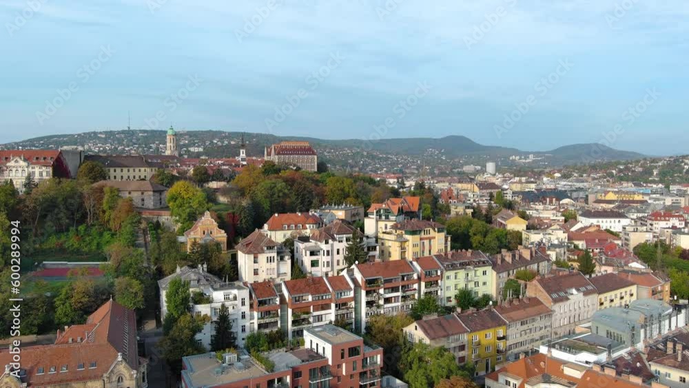 Aerial view of Budapest city skyline. Church of Mary Magdalene of Buda, one of the oldest churches of the Varkerulet District, Buda Castle District. Hungary Aerial view of Budapest city skyline. Church of Mary Magdalene of Buda, one of the oldest churches of the Varkerulet District, Buda Castle District. Hungary