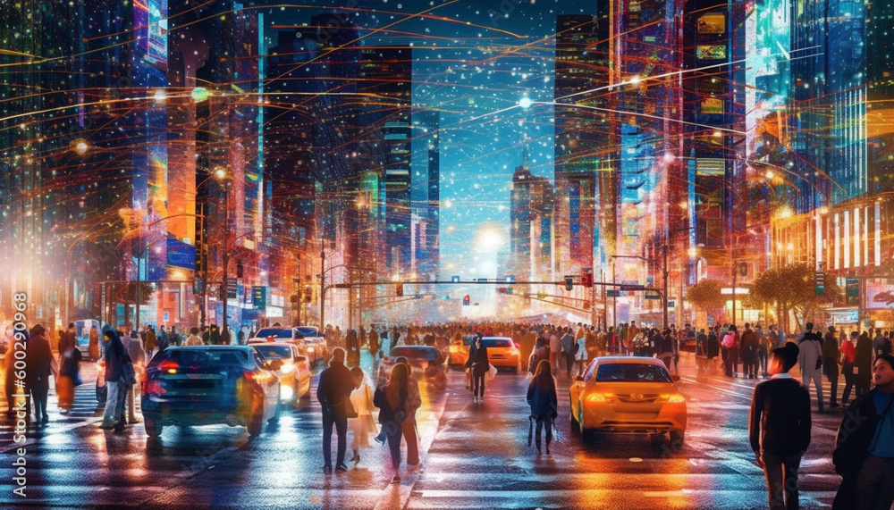 Smart City Intersection with Connected Dots and Lines, Busy Vehicles and Pedestrians in Colorful Motion, Lit by Artificial Light, in Urban Landscape - Generative AI