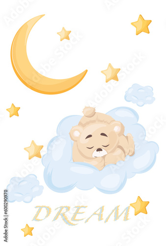 Cute little teddy bear on a transparent background, sleeping on an air cloud, vector illustration, children's fashion, children's graphics for wallpapers and prints. Cartoon vector illustration.