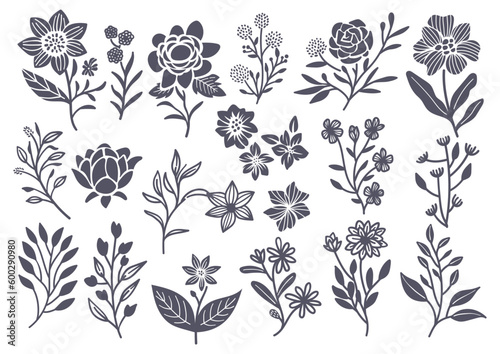 set of botanical flower and leaf doodle element