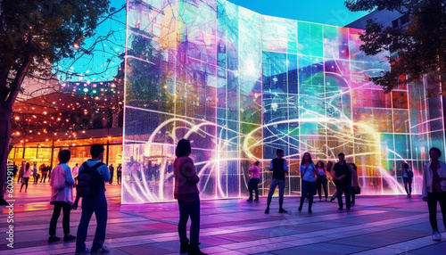 Smart City Interactive Public Display with Futuristic Textures and Connected Dots and Wave Lines, People Engaging with Technology in Urban Plaza - Generative AI