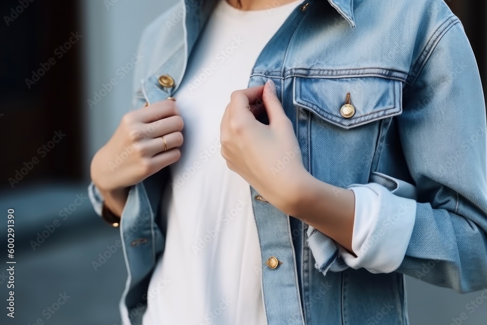Stylish woman wearing blue jeans jacket. Details of trendy casual outfit. Street fashion. Denim fashion concept. Generative AI Stylish woman wearing blue jeans jacket. Details of trendy casual outfit. Street fashion. Denim fashion concept. Generative AI