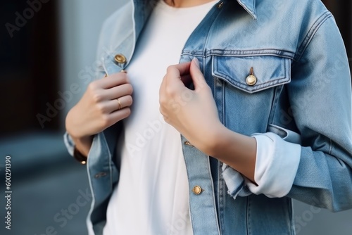 Stylish woman wearing blue jeans jacket. Details of trendy casual outfit. Street fashion. Denim fashion concept. Generative AI