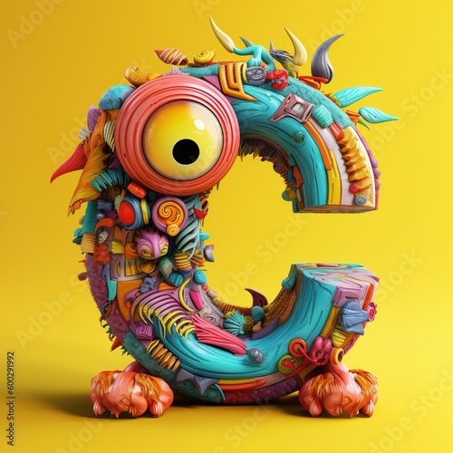 crazy mad funny cute tiny Monster In the form of the letter C, generative AI illustration