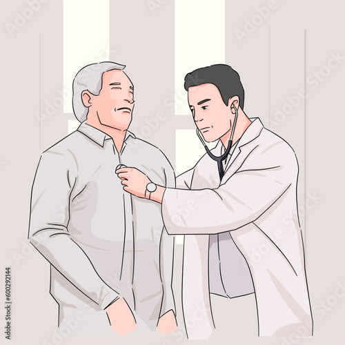 Portrait of Physician Doctor is Examining Physical Symptom of Senior Patient in Examination Room, Practitioner Doctor Using Stethoscope to Health Checkup for Elder Old Man, Healthcare and occupation