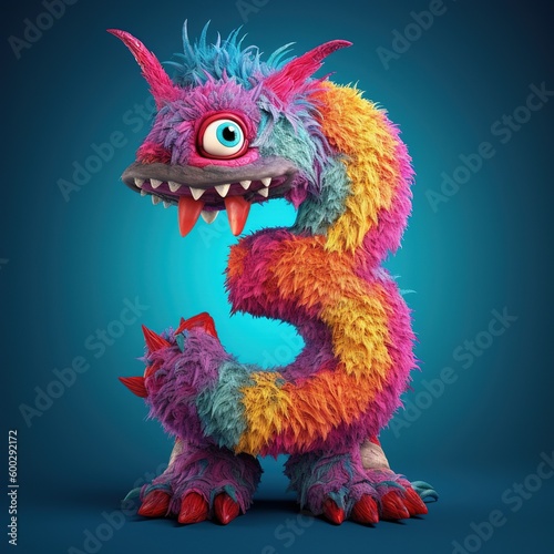 Wallpaper Mural crazy mad funny cute tiny Monster In the form of the number 3, generative AI illustration Torontodigital.ca