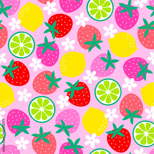 Cute strawberry, citrus fruit and flower seamless pattern background for summer holidays.