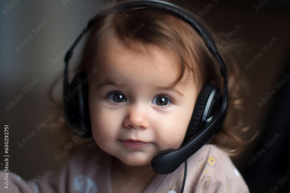 Baby mit Head-Set als Call Center Mitarbeiterin / Lustiges Mädchen Baby mit Job / ai-generiert Baby mit Head-Set als Call Center Mitarbeiterin / Lustiges Mädchen Baby mit Job / ai-generiert