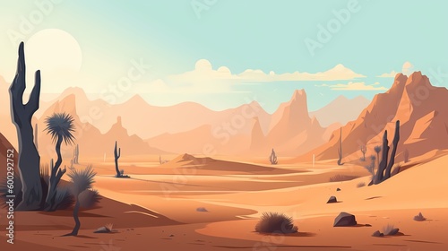 2d desert daylight landscape background vector, blue sky, flat vector Generated ai