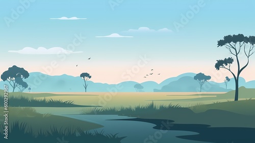 2d savvana daylight landscape background vector, blue sky, flat vector Generated ai photo