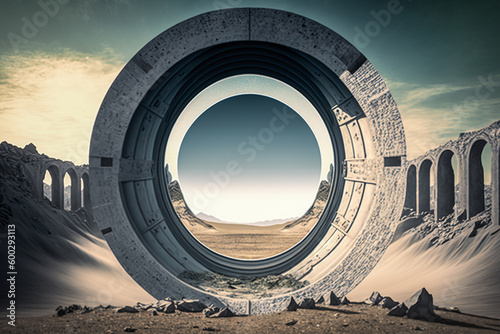 Circular Visions conceptual art. Mysterious desert landscape, no people, ancient lost culture concept. Mysterious portal in unknown field. Way to different world. Fictional place. Made with Generative