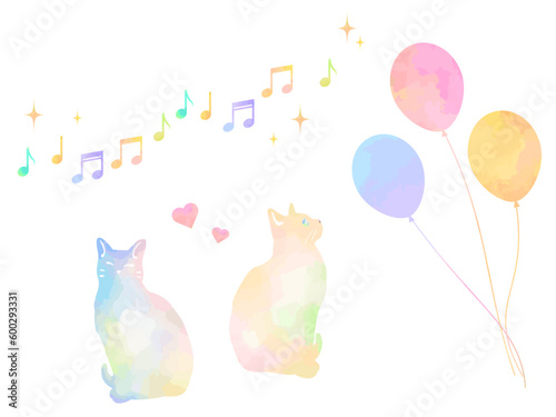 ファンタジー風な虹色猫と風船や音符が可愛いイラスト