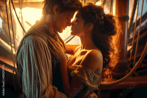 romance fantasy on historic sailing ship art illustration 
