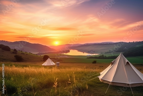 luxury camping in the beautiful countryside with sunset background  nice landscape