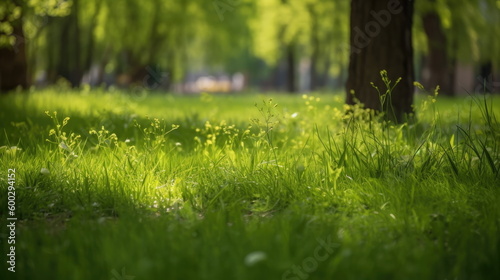 green garden grass in spring, springtime in the background and tree leaves