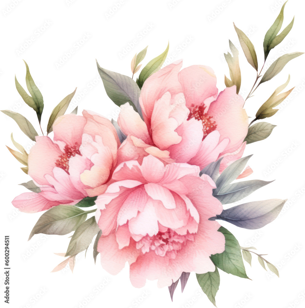 Pink Flowers wreath watercolor illustration. Generative AI