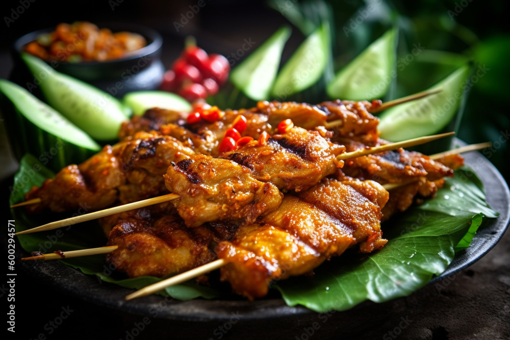 Chicken satay on a banana leaf with peanut sauce accompanied by fresh cucumber, lemongrass, and chilli paste, close-up shoot, created with Generative AI Chicken satay on a banana leaf with peanut sauce accompanied by fresh cucumber, lemongrass, and chilli paste, close-up shoot, created with Generative AI