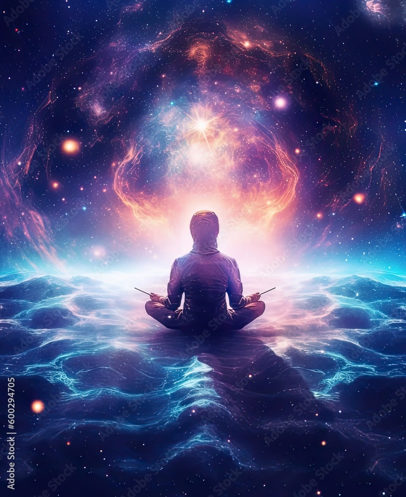 The man is meditating by the galaxy. Generative AI